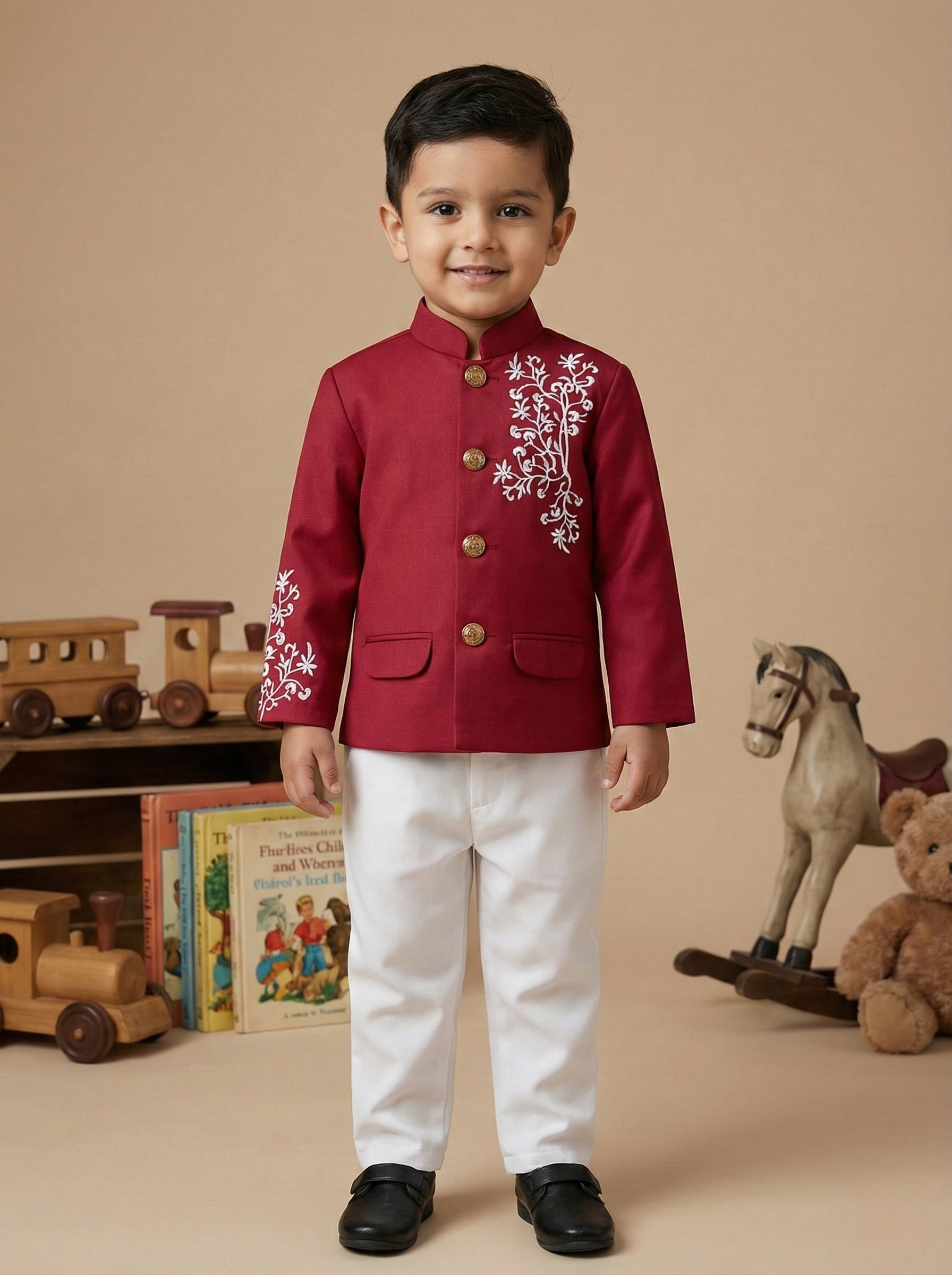 Marun Prince coat & White Pant Set