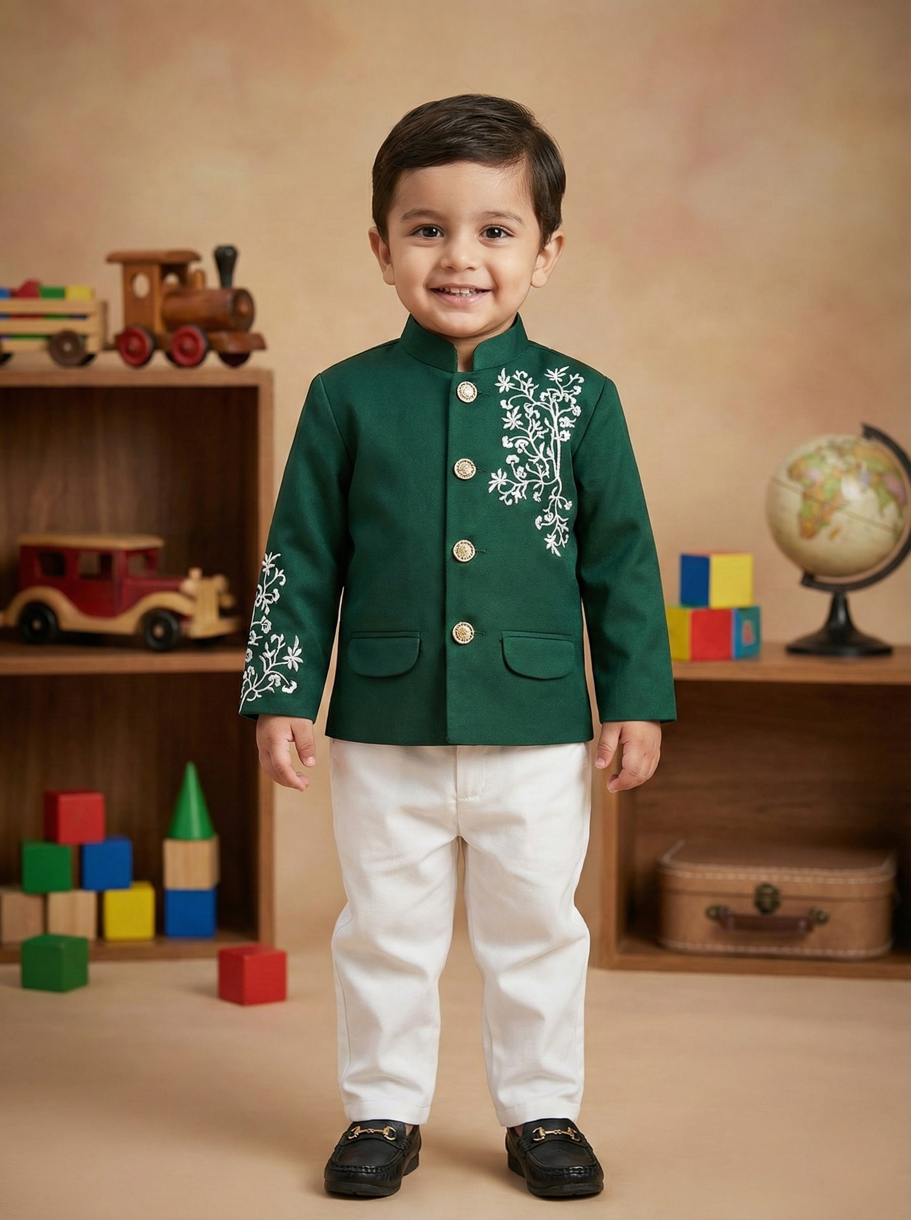 Green Prince coat & White Pant Set