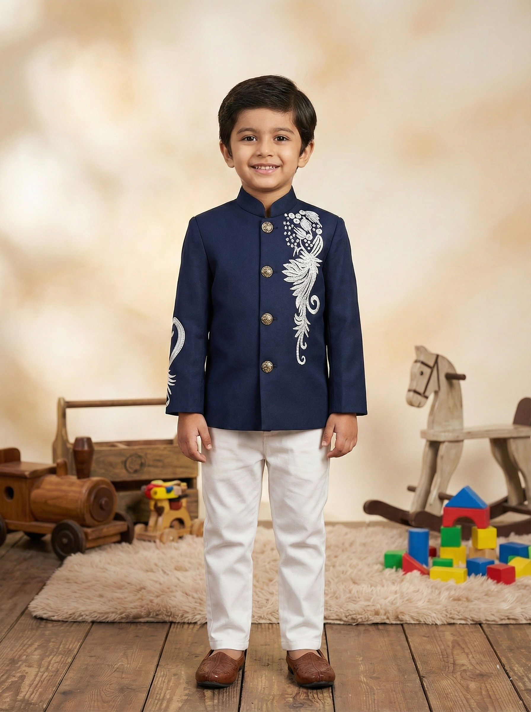 Navy Blue Prince coat & White Pant Set Leaf Design
